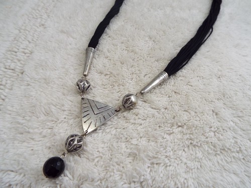 KARMA BELLA Black String Silvertone Pendant Necklace (C24)