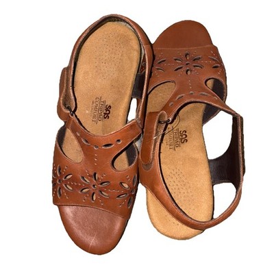 SAS SIZE 9WW Sunburst Heel Strap Sandal Brown Leather Tripad Comfort Boho 