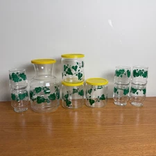 Vintage Handi Saver Decanter Pitcher & Glasses Set Yellow Lids Green Ivy Design