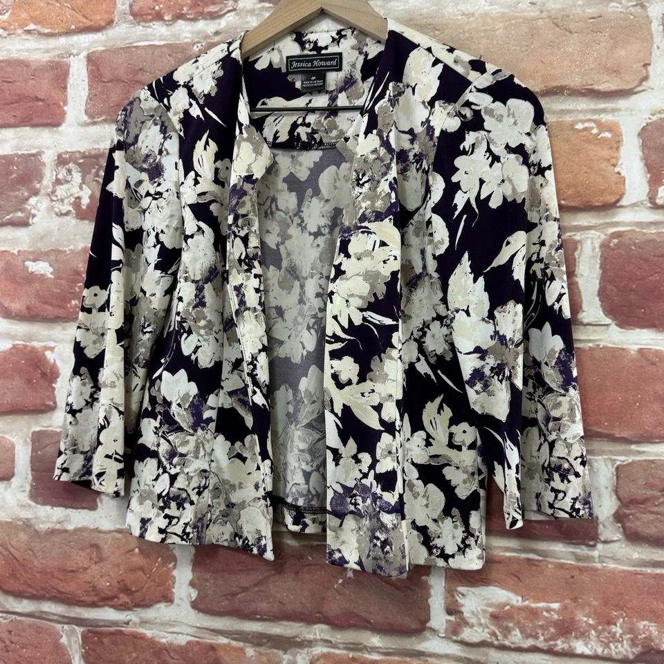 Jessica Howard Blazer Womens 4 Petite Floral Abstract Stretchy Cropped Jacket - Image 3 of 4