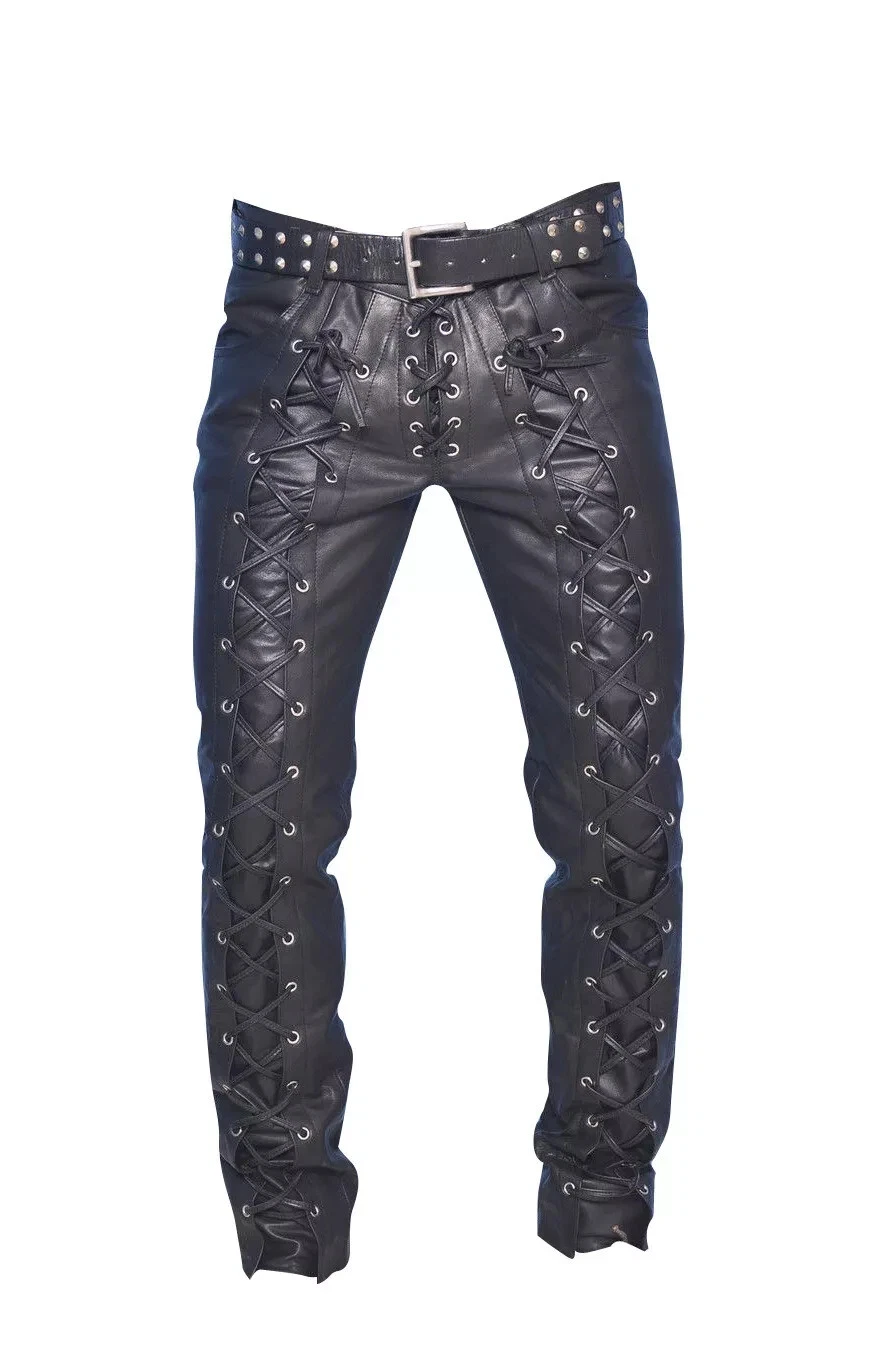 Men's Real Black Leather Bikers Pants Laces Up Front And Back Leather Pant