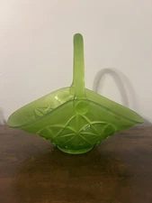 Westmoreland Satin Green Pressed Glass Basket 10” Daisy Pinwheel Pattern Vintage