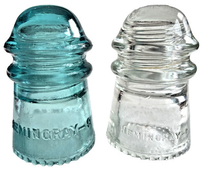 Two (2) Vintage Hemingray No. 9 Telephone Pony Insulators Aqua & Clear CD 106