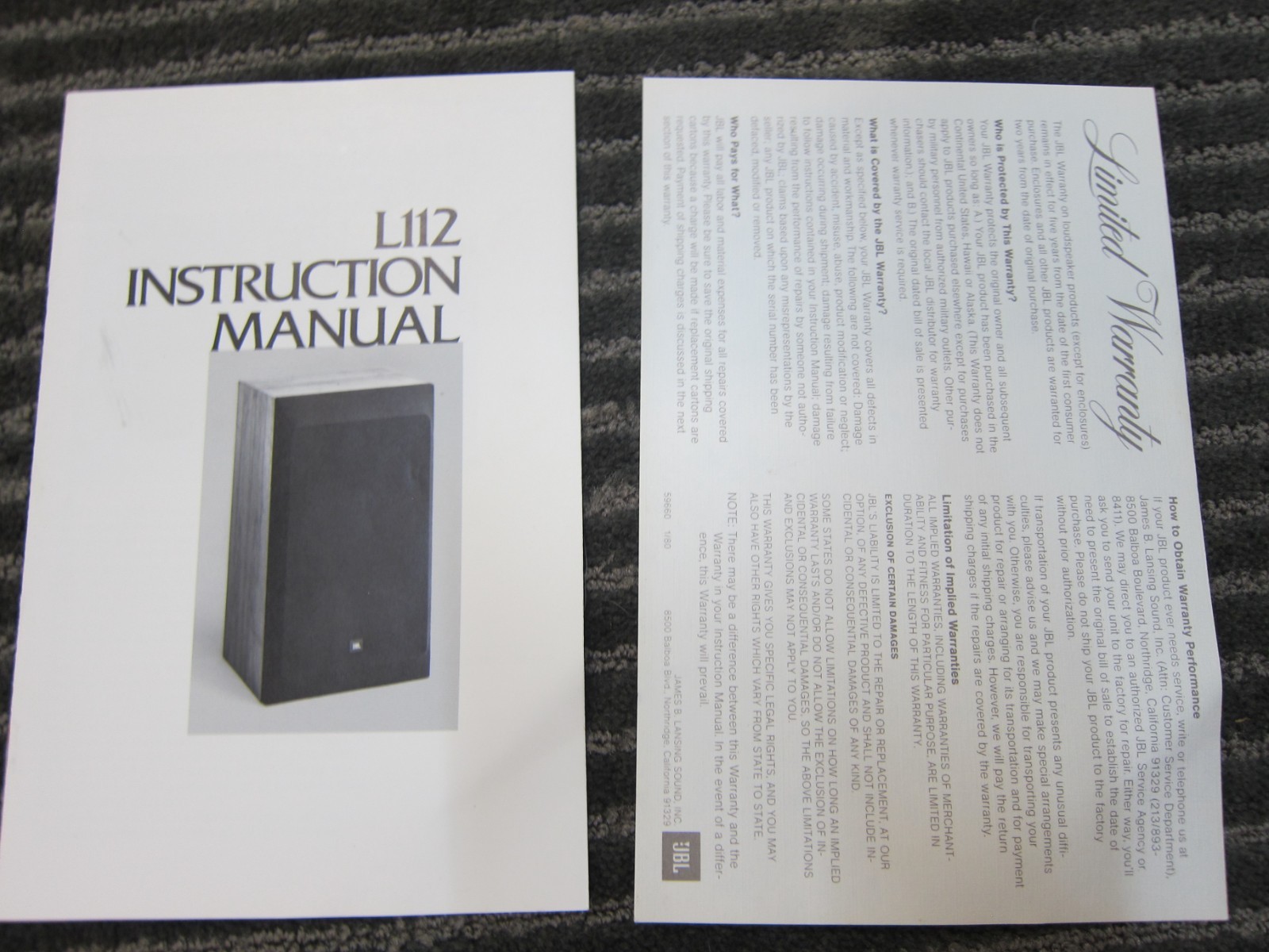 Original JBL L112 Instruction Manual, 12 Pages, USA, Nice, Vintage