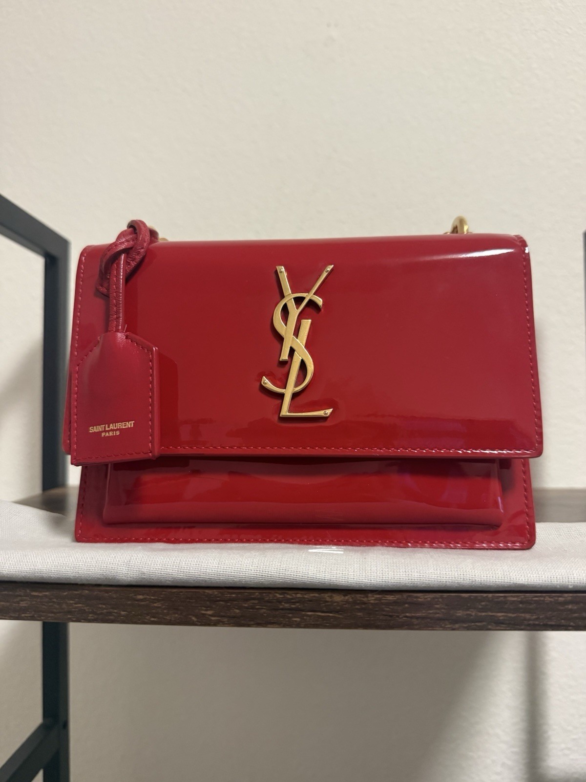 Saint Laurent YSL Sunset Bag Red Patent Leather Gold Hardware Flap Bag Size Smal