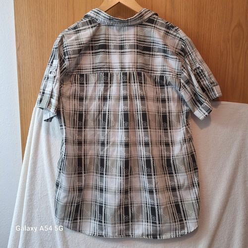 Womens Top Adrian Delafield Short Sleeve Plaid White Grey Black Cuffed Sleeves - Picture 2 of 9