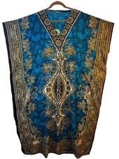 Boho Teal Blue/Multi Color Kaftan Maxi Dress OS Hippie Bohemian Viscose Cover Up