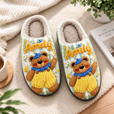 Custom Name Cute Teddy Bear Slippers Personalized Stripe Green House Shoes