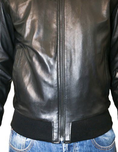 Giubbotto Bomber Uomo Vera Pelle Nero Giacca Giubbino Lana Slim VIETRI LEATHER - 第 8/12 張圖片