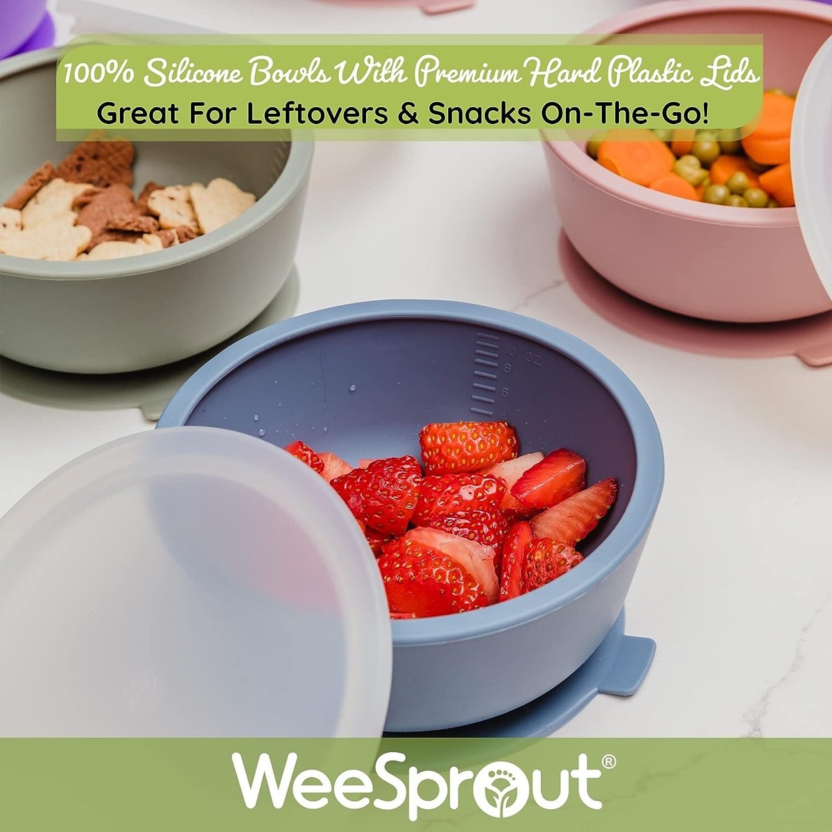 WeeSprout Baby Suction Bowls (Set Of 2) – 100% Silicone With Lids, Leak-Proof & Dishwasher Safe - View #3