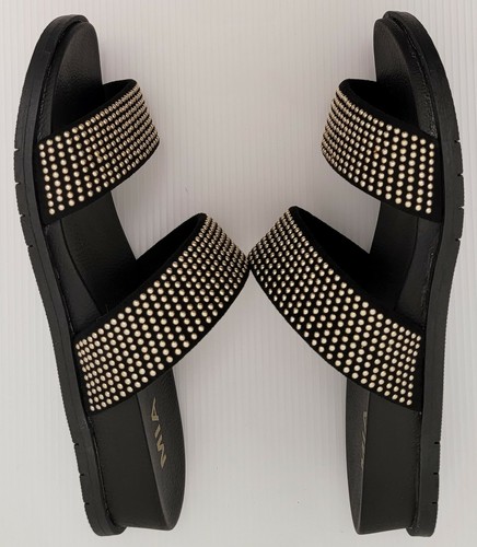 Mia "Romina" elegante Damen-Pantoletten schwarz-goldene Perlen zwei Riemen Größe 7,5 neu mit Karton - Bild 2 von 8
