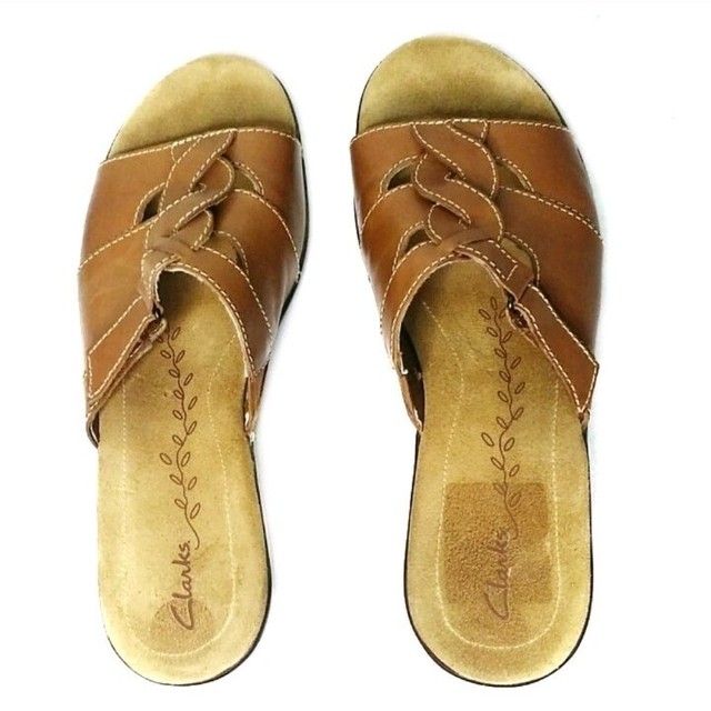 Clarks Brown Faux Leather Criss Cross Slip On Sandals Size 8.5 | eBay