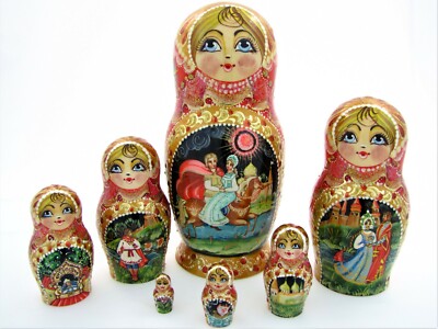 7 Poupées Russes Matriochka Kholoui – H22 Cm, Peintes à La Main, Laquées, Signées