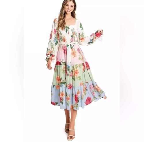 Love Collete Womens Puff Sleeve Smocked Eyelet Floral Tiered Midi Sun Dress Sz M