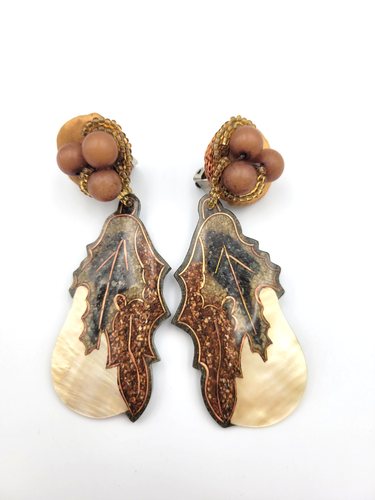 Artisan Acorn & Fall Leaves Dangle Earrings Resin MOP Clip on Statement - Picture 4 of 12