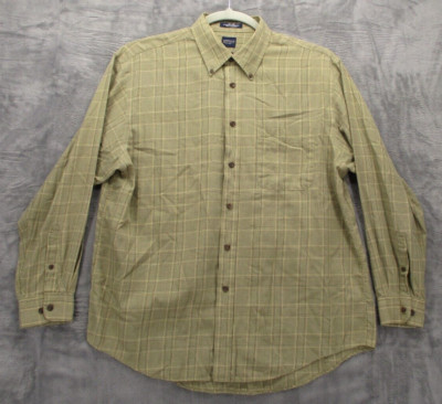 Arrow Button Up Shirt Men's L Beige w/ Gold Brown Geometric Plaid Button Collar