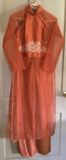tunic pant set ladies custom made 2pc, sz p 30 waist, orange embroider