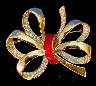 Red Ribbon Broche Vintage Goldtone with Crystals & Red Ribbon Brooch 2” Length | eBay