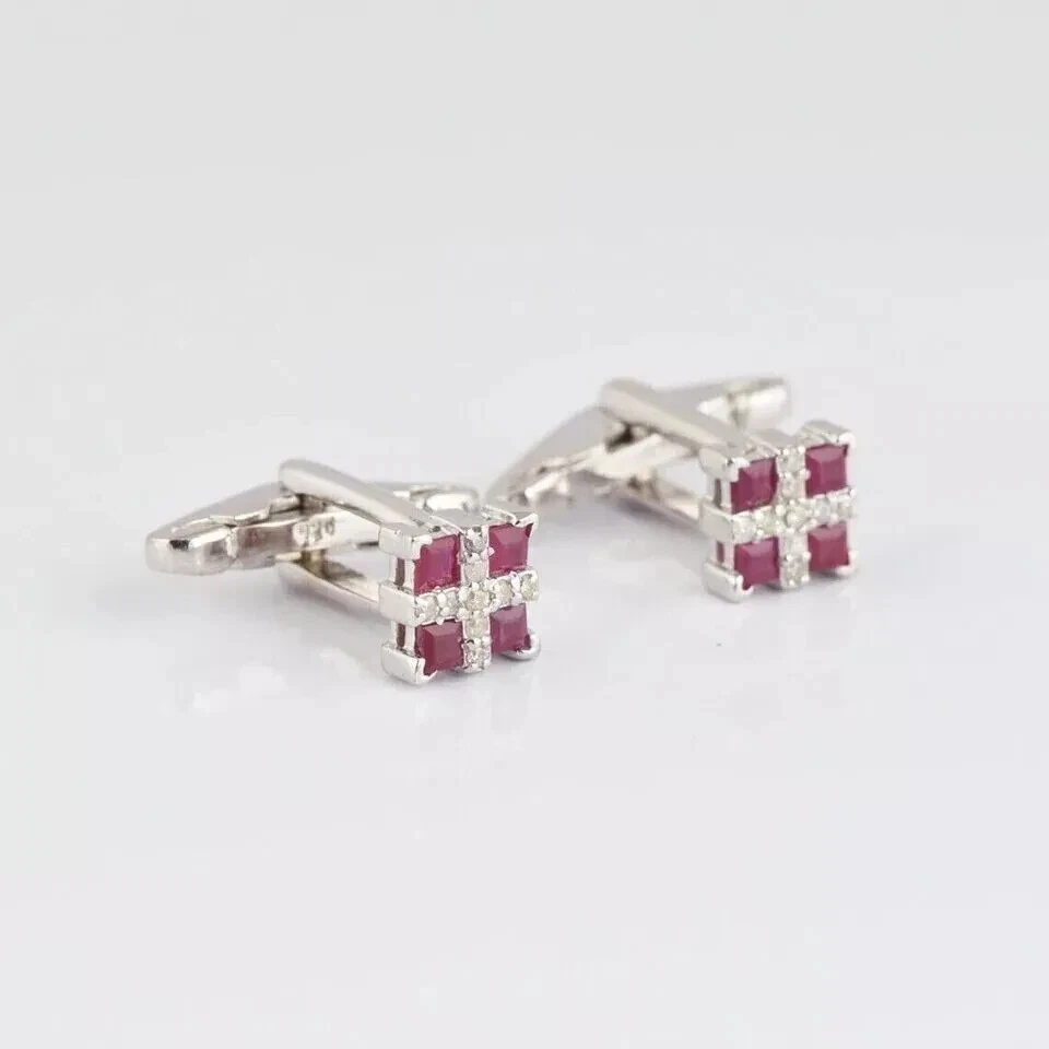 Princess Cut Lab-Created Red Ruby Men's Wedding Cufflinks 14k White Gold Plated - Image 3 of 4