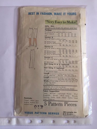 Vogue Sewing Pattern 5376 Misses Skirt Vintage Cut Waist 26 Hip 36 - Picture 3 of 3