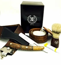 SHAVE READY WOODEN STRAIGHT EDGE RAZOR DOVO PASTE 7 PC SHAVING SET IN GIFT BOX