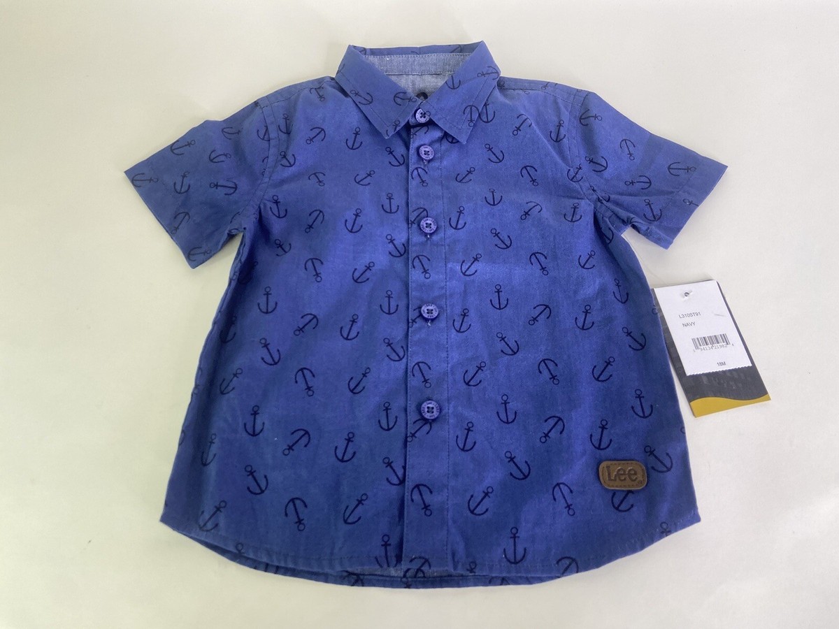 Lee Anchors Nautical Blue Button Down Up Short Sleeve Shirt Boys