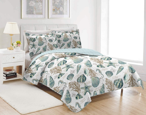 Coastal 3-Piece Bedspread Queen | Ocean Theme Seashell & Starfish | Blue White