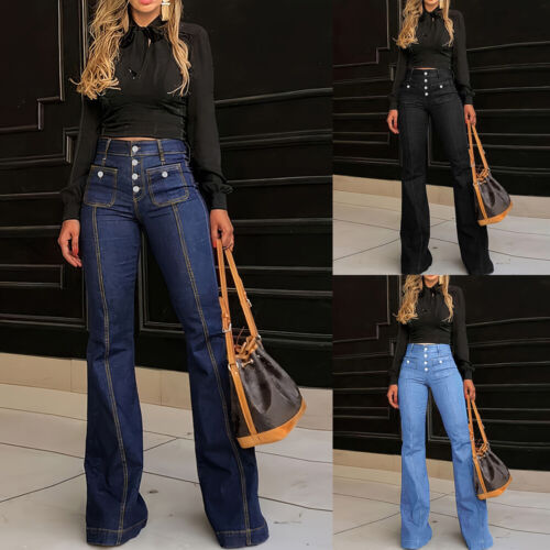 Women Denim Wide Legs Jeans Pants Casual Loose Flared Bell Bottoms Trousers US