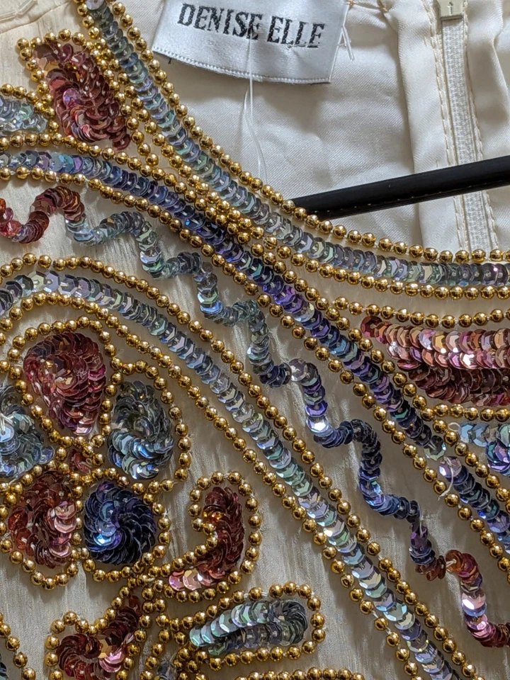 Vestido Denise Elle Seda Cuentas Lentejuelas Cuentas Verde Dorado Talla M Nuevo con Etiquetas Foto 4 de 4