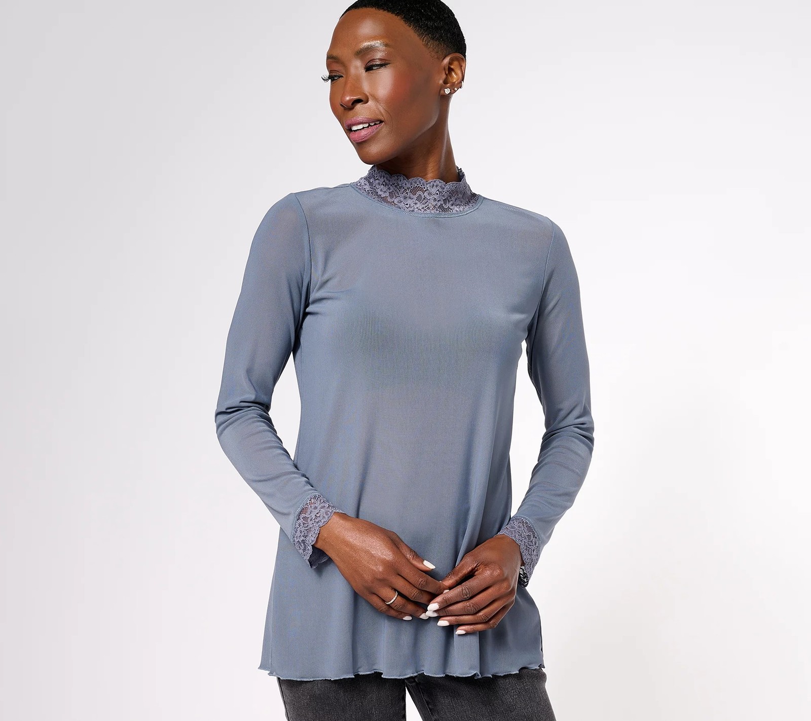 LOGO by Lori Goldstein Layers Mesh Mock Neck Top w/Lace Trim Dark Grey L New