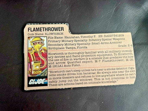 GI JOE: FLAMETHROWER  (FILE CARD) (BLOWTORCH)