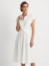 Lauren Ralph Lauren 100% Cotton White Knot-Front Midi Shirt Dress size 10