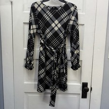 Plaid Tie Waist Shift Dress Madison Leigh Petite Womens PL Black White