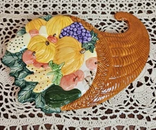 Ceramic Spoon Rest Autumn Harvest Pumpkins Cornucopia Thanksgiving Colorful