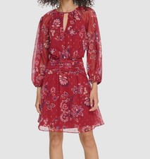 Vince Camuto Women's Red 3/4-Sleeve Stretch Chiffon Keyhole Dress Petite Sz 10P