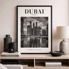 Dubai Marina Skyline Monochrome Poster Black & White City Wall Art Print