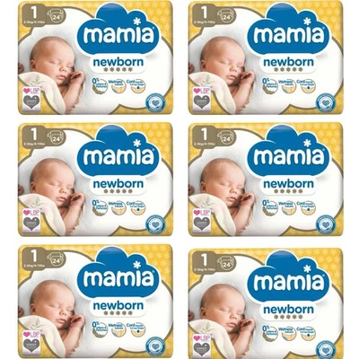‎MAMIA Mamia Newborn Nappies Size 1 Baby Pack Of 6 5kg 6 X 24 -144 Nappies In Total