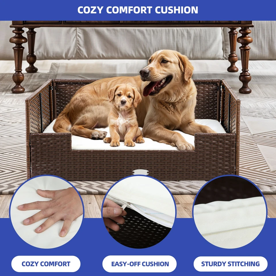 38x26x15英寸狗床编织藤条可拆卸易清洁靠垫柳条宠物沙发 — 第 2/4 张图片