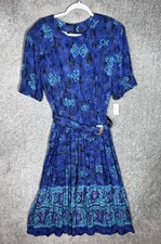 Vintage Rabbit Rabbit Rabbit Dress Womens Sz 14 Pleated Belt Rayon USA Made New