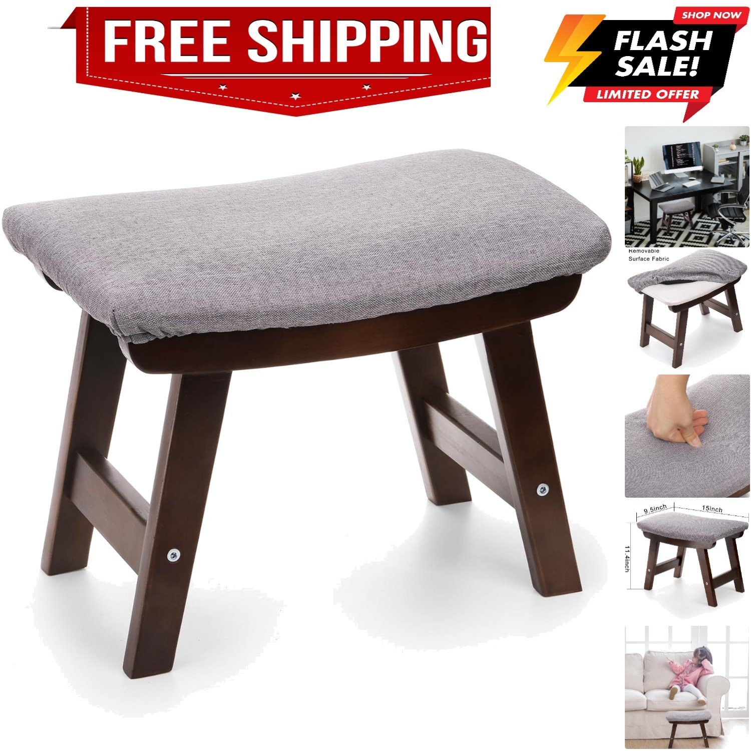 Small Foot Stool, Footrest Ottoman Under Desk, fa Tea Seat Stool with Wood Le...