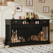 63" Double Dog Crate Furniture W/ 2 Drawers Shelves, Retro Brown Indoor Kennel