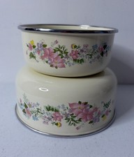 Vintage Enamel Mixing Bowls x 2 Made In Indonesia Floral Design Nesting