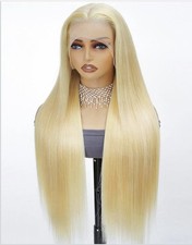 Lace Front Human Hair Wig Straight Light Blond 30in Middle Part Women