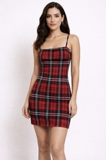 Windsor Red Black Plaid Bodycon Slip Dress XS Small Spaghetti Strap(E33)