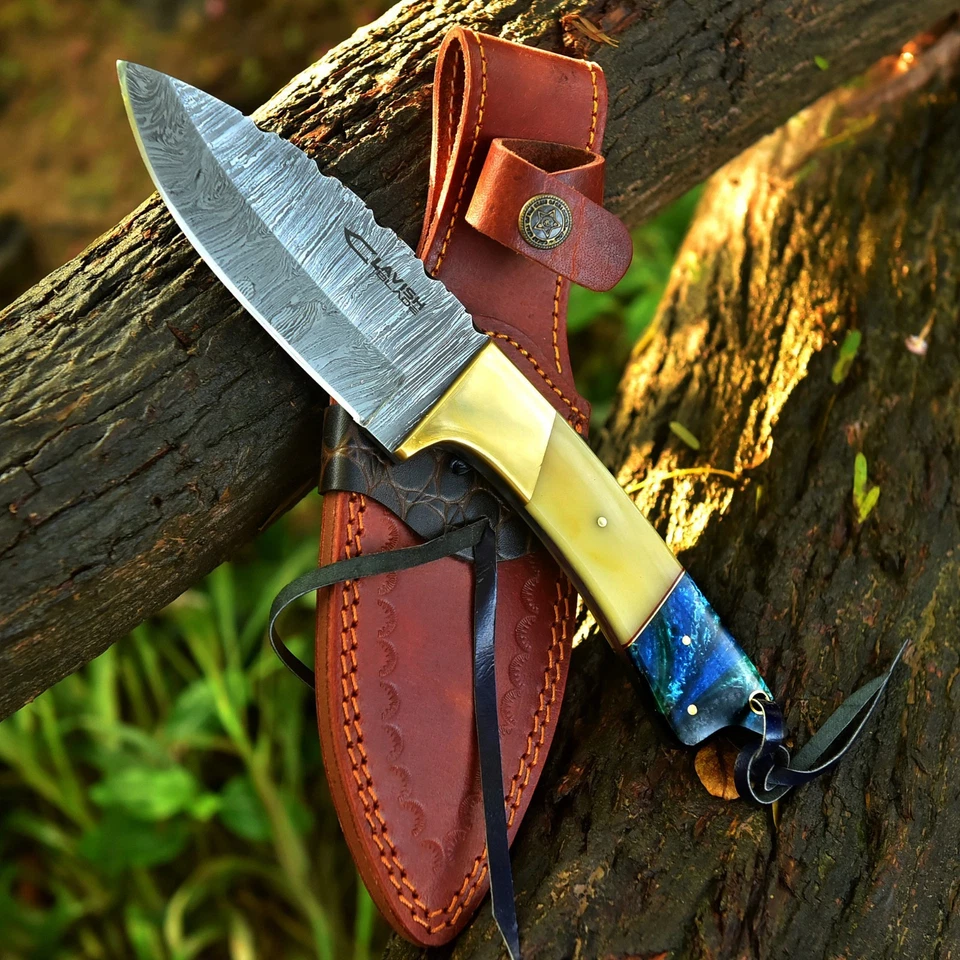 Ручной работы Дамаск Bowie охотничий нож латуни кости смолы ручки с ножнами - Изображение 4 из 4