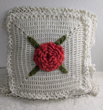 Vintage White Crochet Square Cushion Red Rose 3D 19" x 19" Boho Throw Pillow