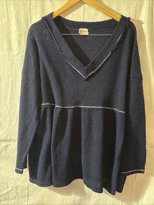 BiBi Boho Blue Waffle Knit Babydoll Top XL Relaxed Fit 50  Chest 28.5L 31 Sleeve