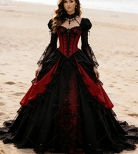 Dark Romantic Victorian Gothic Wedding Dress Long Sleeve Black And Red Medieval
