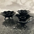 Set Of 3 Vintage Fenton Lotus Black Glass Footed Candleholders Candle Holders