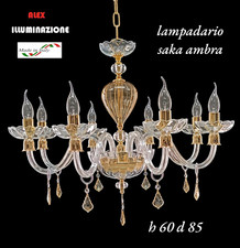 LAMPADARIO CRISTALLO 8 LUCI SAKA AMBRA  SOFFIATO SOSPENSIONE ARTIGIANALE